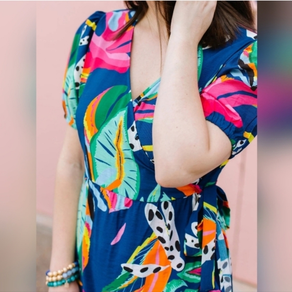 NWT - Tropical Floral Wrap Midi Dress with Tie Waist